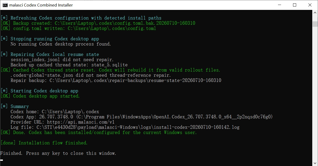 Windows 命令行显示 Codex 安装与配置完成